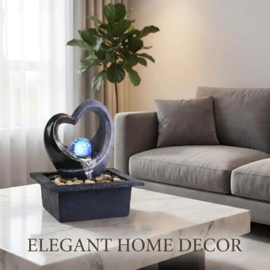 Tabletop Water Fountain Zen Meditation Indoor Waterfall Fountain Heart Shape Decoration with LED Light for Home Office Bedroom
