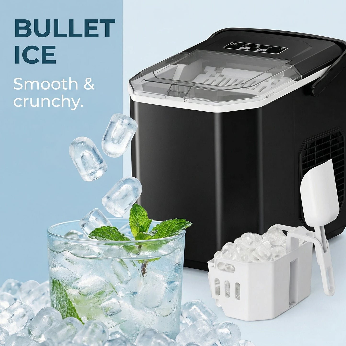 Ice Maker Countertop Machine with Handle, 26lbs in 24h, 9 Ice Cubes Ready in 6 Mins, Self-Cleaning Ice Makers with Basket and Scoop, Ideal for Home, Kitchen, Camping, RV