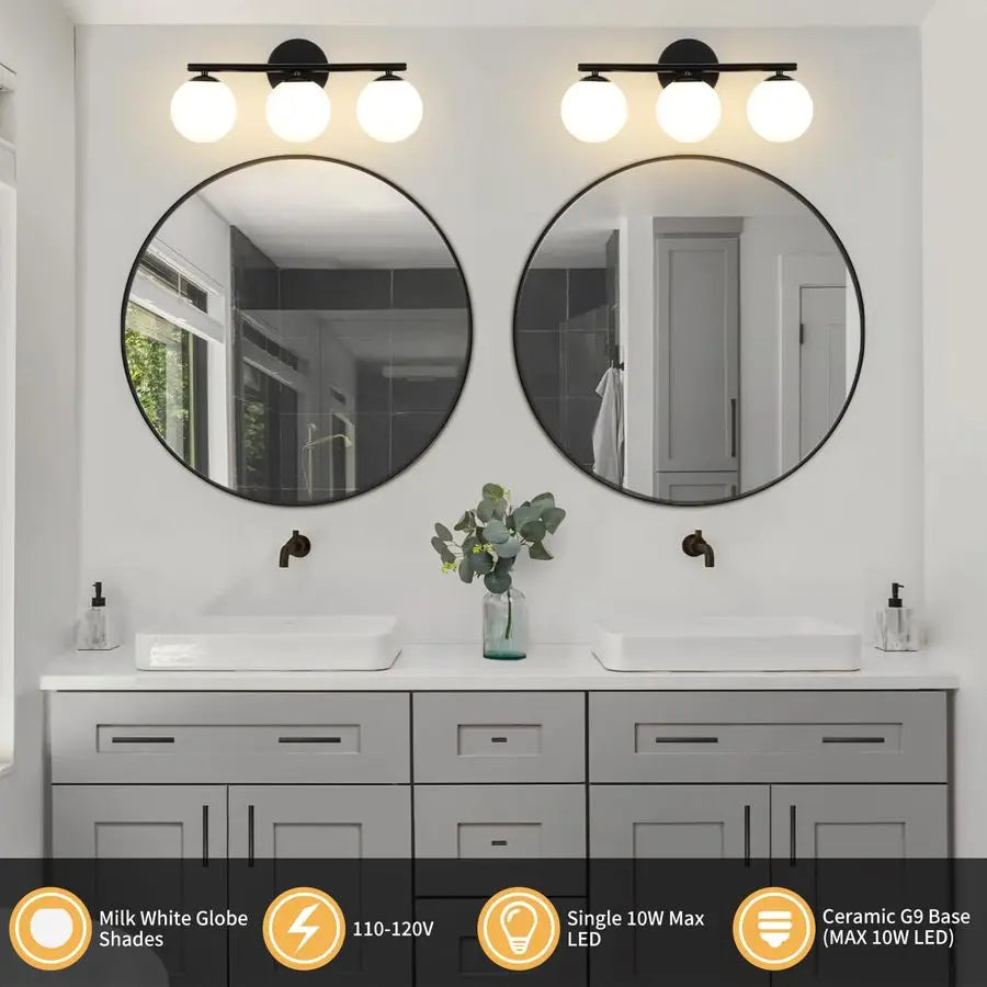 Globe Bathroom Light Fixtures 3Light Vanity Light with Plastic Milk White Globe Shades 11.81 inch Wall Sconce Lighting Over Mirr
