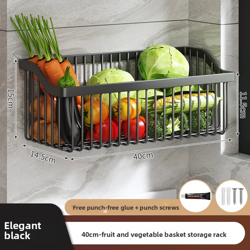 AOBT No-Drill Multifunctional Wall-Mounted Spice Rack Kitchen Storage Organizer Salt Seasoning Jar Vegetable Basket Rack