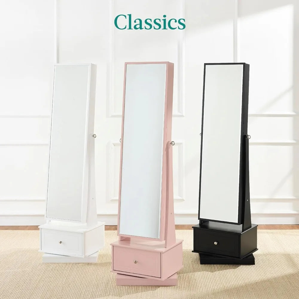 360 Swivel Mirrored Jewelry Cabinet, Standing Armoire, Makeup Storage Organizer, w/LED-lit Mirror, 3 Shelve