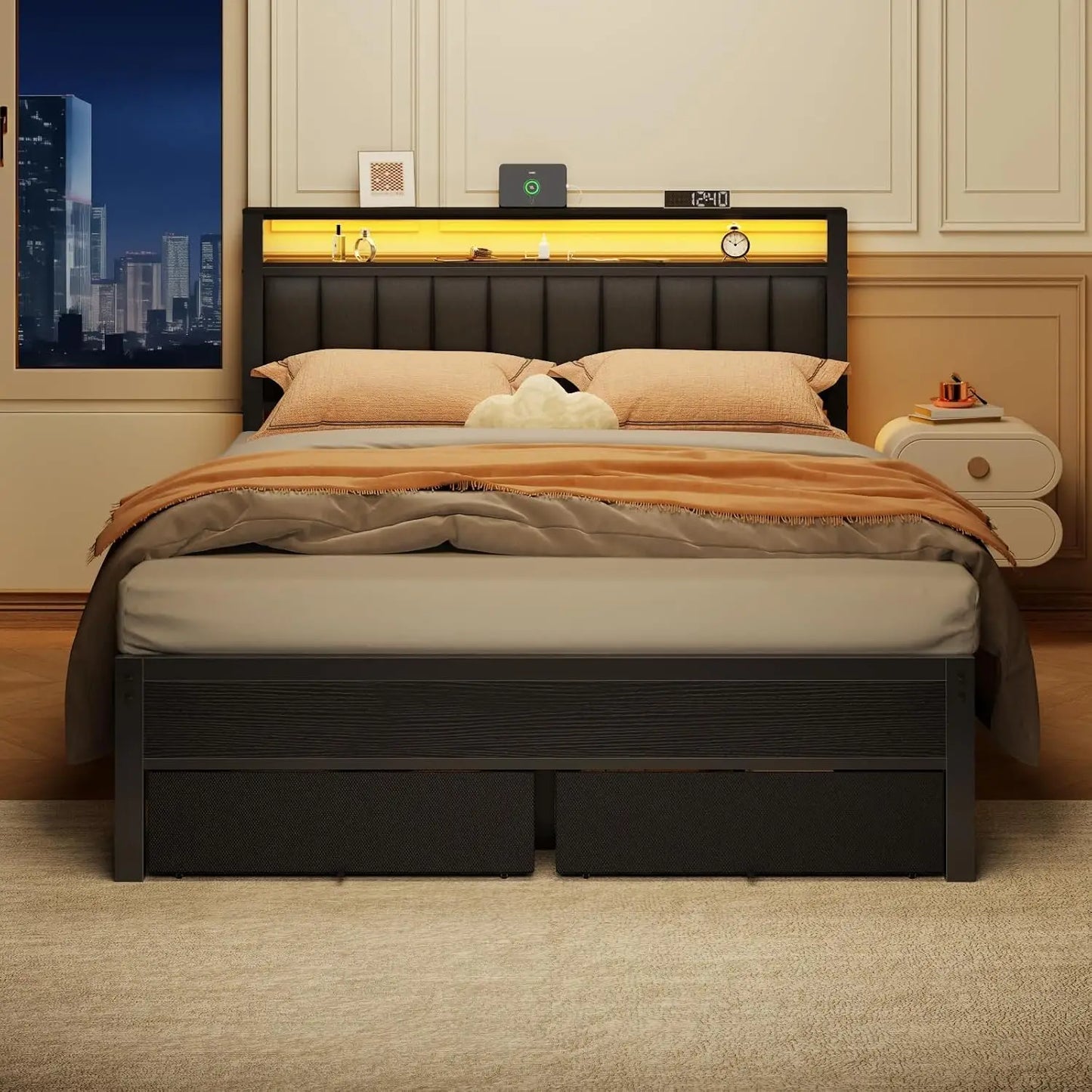 Queen Bed Frame with Charging Station and LED Lights, Grey Upholstered Headboard with Shelves, Metal Platform Bed with 2 Under-Bed Storage (Fabric Drawer on Wheels), No Box Spring Needed