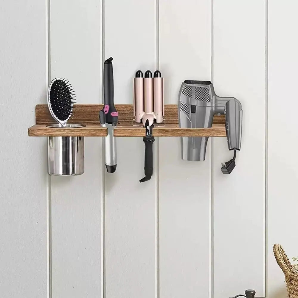 Vintage Wooden Hair Dryer Holder Wall-Mounted Space Saving Hair Straightener Holder Stylish Toilet Blower Holder Curling Irons