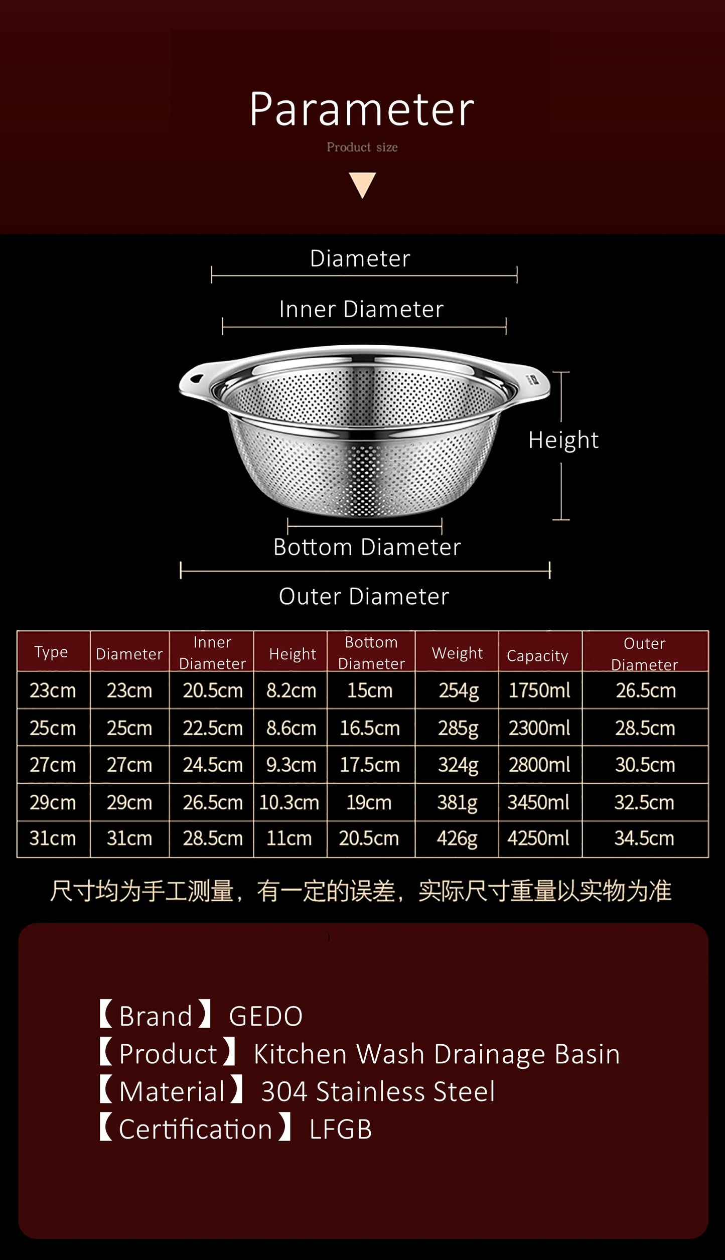 LFGB Certification 304 Stainless Steel Kitchen Washing Drainage Basin 23cm~31cm Diameter Colander with Dense Small Holes