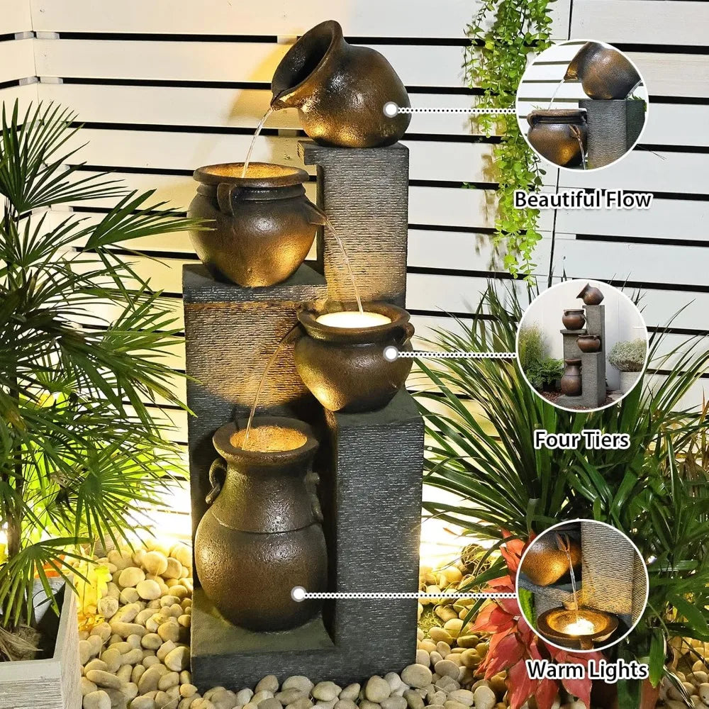 Cascading Modern Water Fountain with Warm Lights for Garden