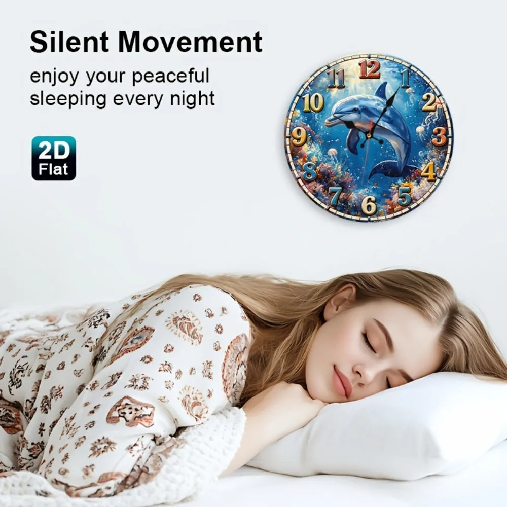 1pc Coral Reef Dolphin Nursery Wall Clock - Silent Non-Ticking Round Room Decor with Wood Frame, Coral Reef & Dolphin Suitable f