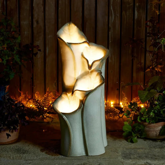 Outdoor Ceramic Water Fountain with LED Lights and Pump