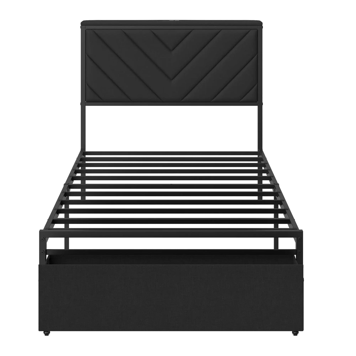 Twin Full Queen Upholstered Metal Platform Bed Frame With Storage Drawers, Headboard Charging Station, V-Pattern, No Box Spring