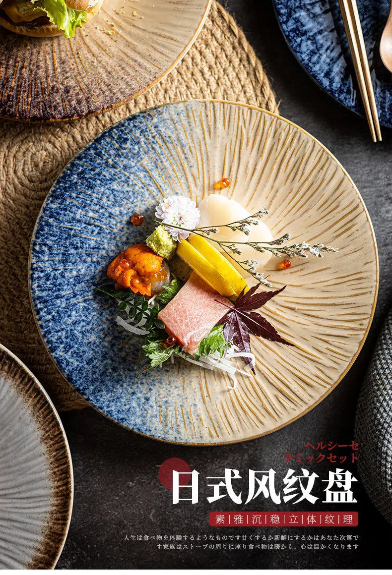 Ceramic Steak Plates Set Dinnerware Underglaze Flat Round Plates for Home Kitchen Restaurant Service