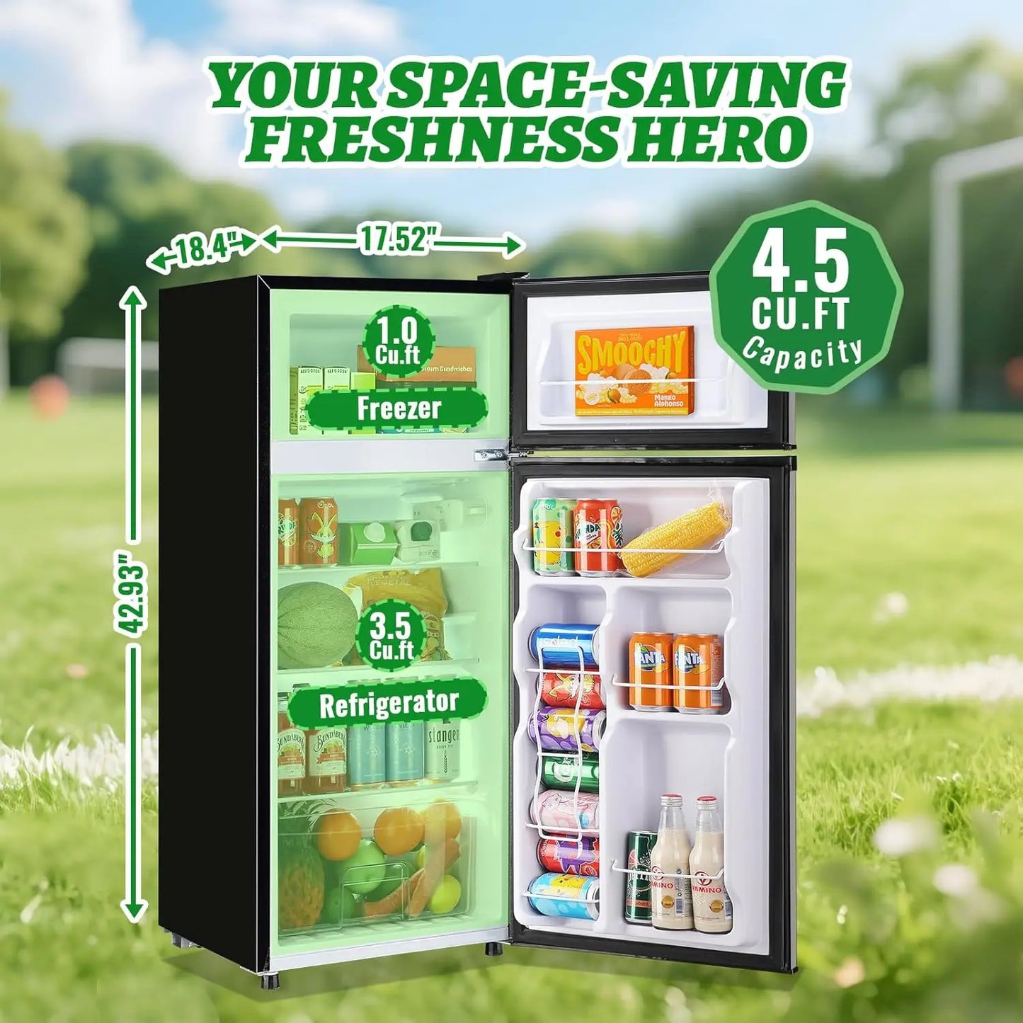 4.5Cu.ft Refrigerator with Freezer Two Door Fridge with Removable Glass Shelves, Crisper Drawer & Extra, Customized