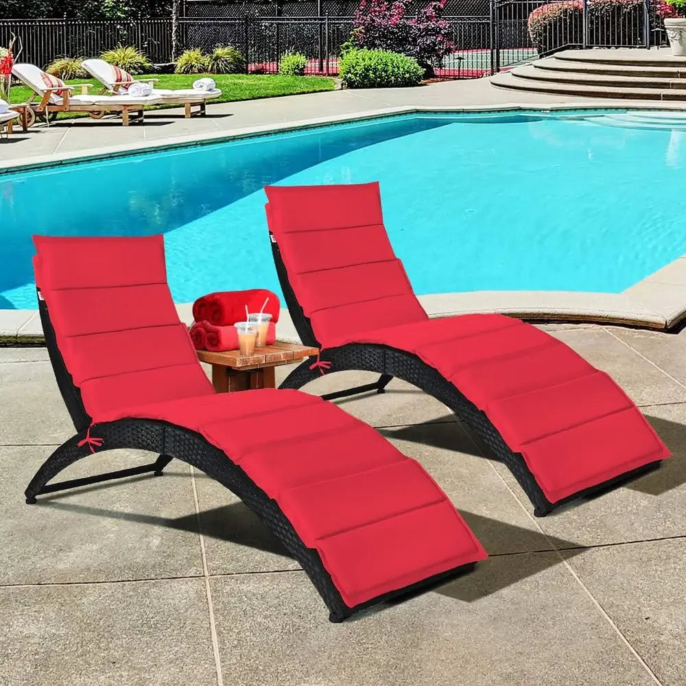 2PCS olding Rattan Lounge Chair Outdoor, Patio Wicker Chaise Lounge with Sot Cushion, Ergonomic Support Shaped, Portable Pool Lo