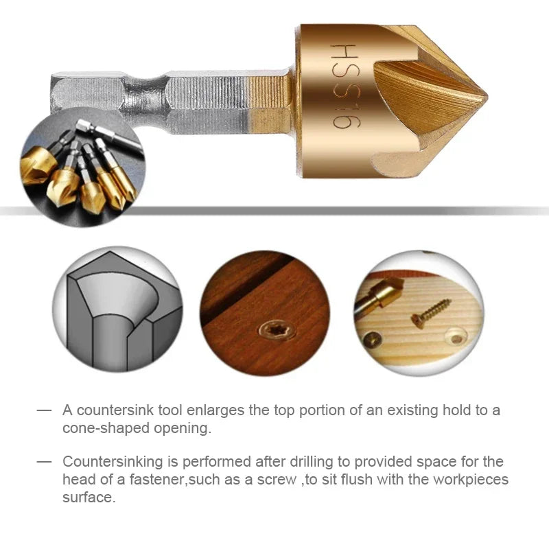 6pcs 1/4'' Countersink Drill Bit Set Hex Shank HSS 5 Flute Countersink 90 Degree Wood Chamfering Cutter Chamfer Tools 6mm-19mm