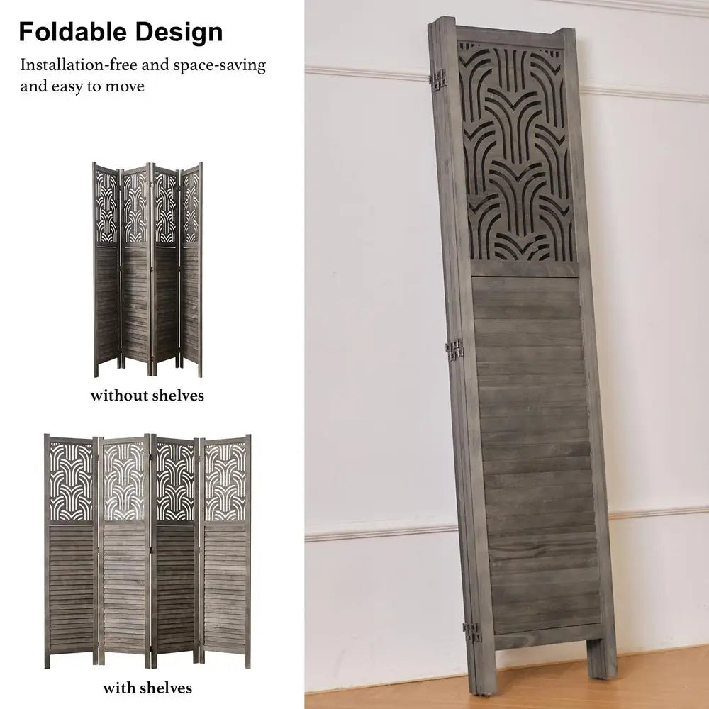 Folding Room Divider, 66.9 Inch 4 Panels Wood Carved Privacy Screens, Free Assembled Freestanding Portable Separation Wall for