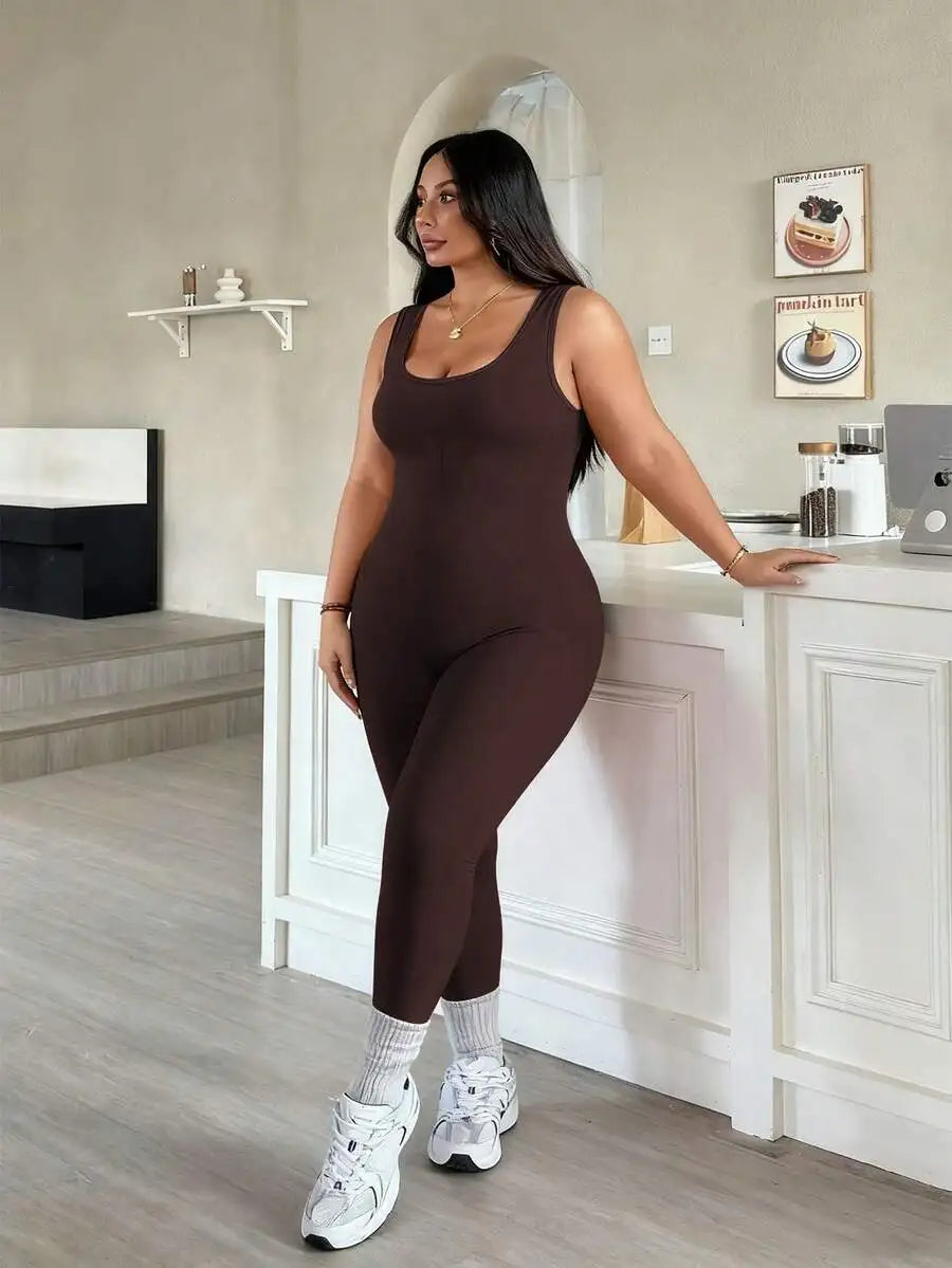 Rhythm Era 1pc Plus Size Black Backless Jumpsuit, Comfortable Stretchy Seamless Knit Yoga & Fitness Activewear