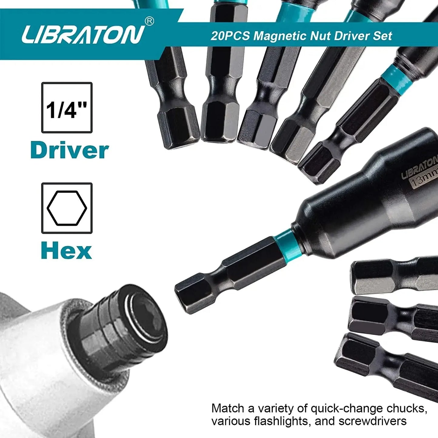 20PCS Magnetic Nut Driver Set, Impact Drill Driver Bit Set 1/4" Metric and SAE Nut Driver with Storage Bag Nut Drivers