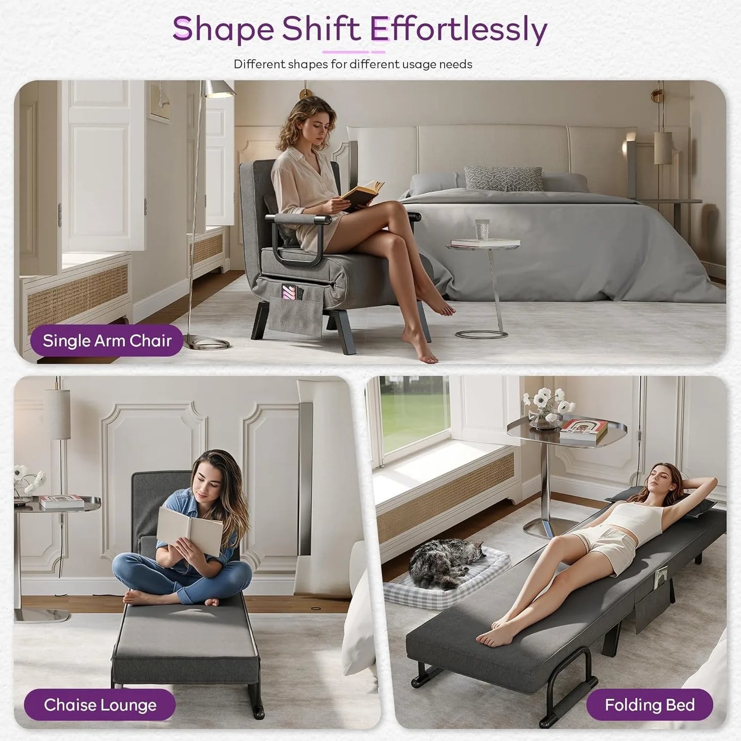Convertible Sleeper Chair Bed Adjustable Backrest Side Pockets Pillow for Small Spaces Office Dark Grey