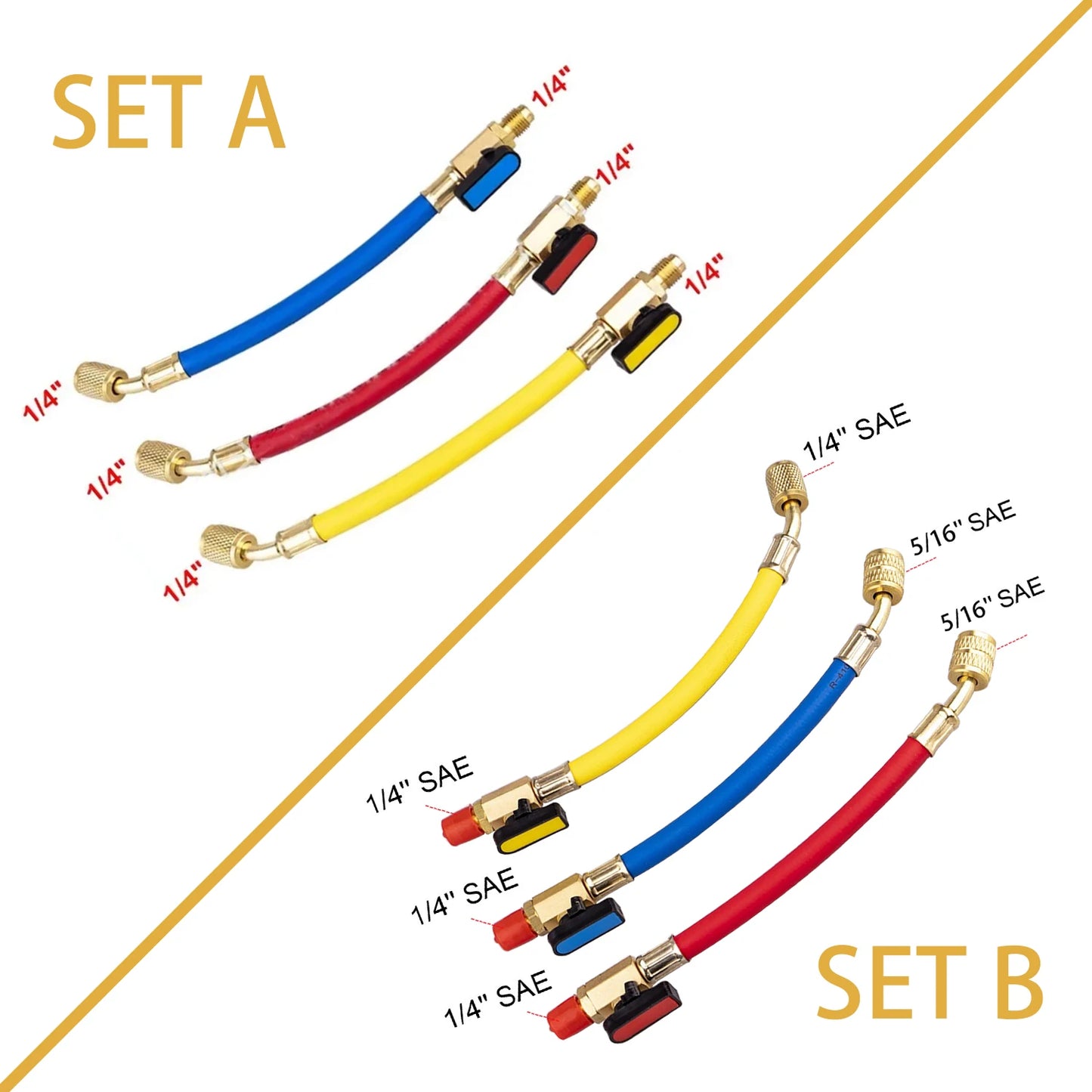R134A R22 R12 1/4" SAE Charging Hoses and Ball Valve Set for AC HVAC Maintenance Air Condition Refrigeration Charging Tool