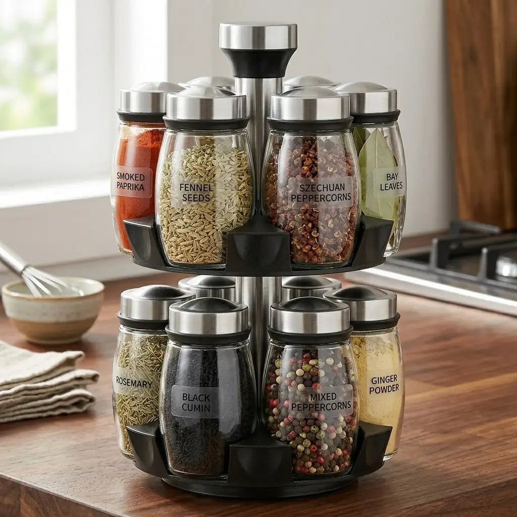 12pcs Glass Jar Set - Rotating Kitchen Spice Rack Organizer, Countertop Herb & Spice Carousel - Ideal For Kitchen Counter Accessories, Spice Organization, And Storage