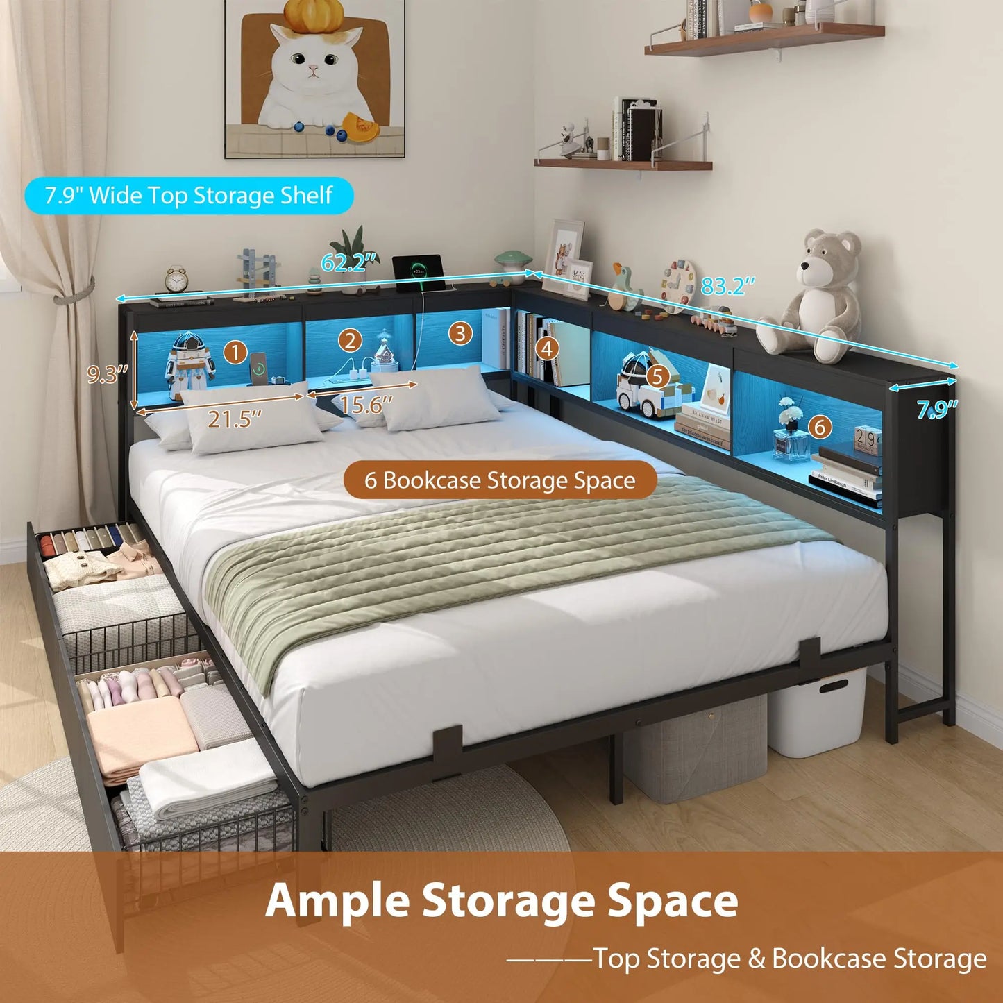 Twin/Full Corner Bed Frame With Bookcase Headboard, RGB LED Lights, 2 Drawers, Charging Station, Reversible, 2 AC 2 USB Ports
