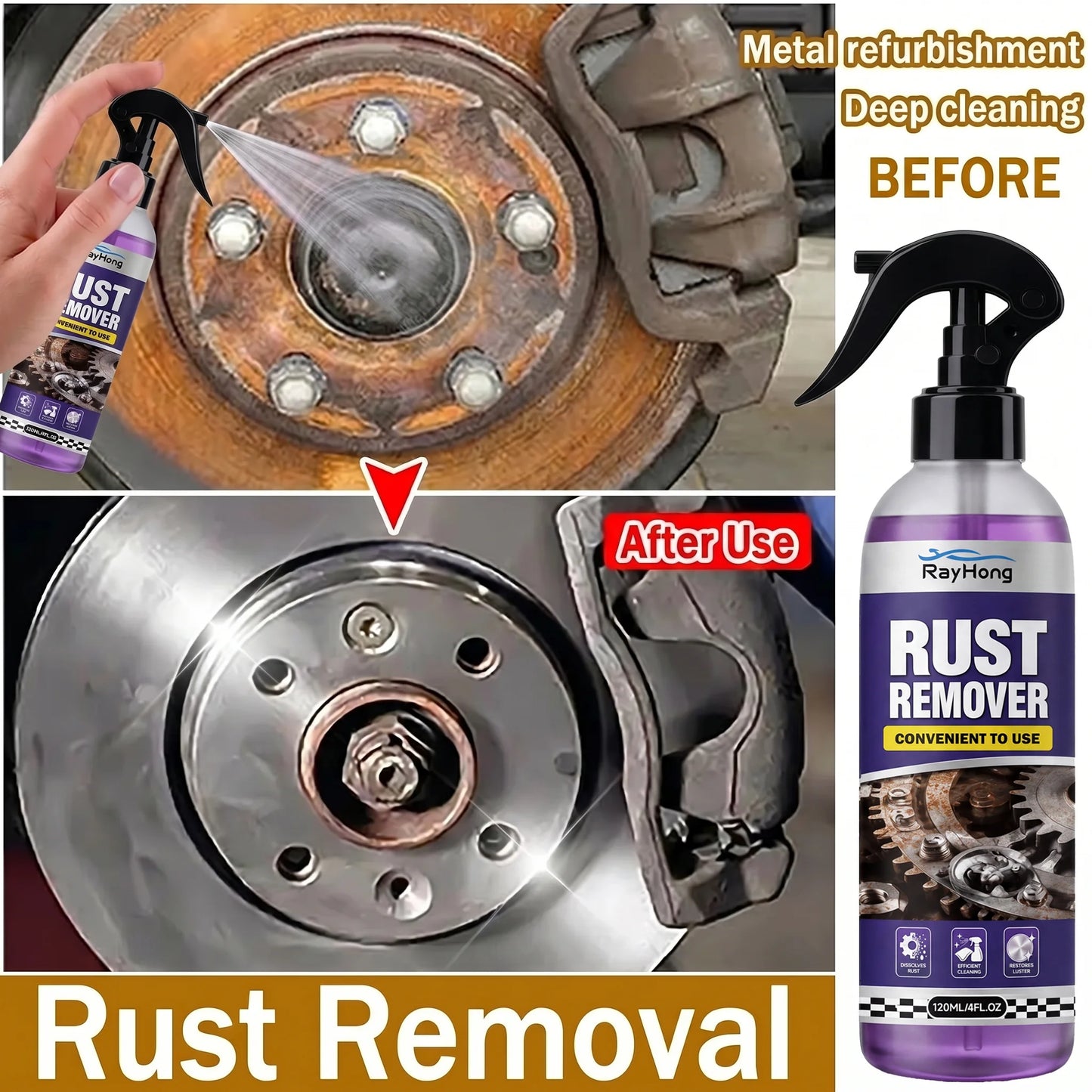 Multifunctional car rust remover used for removing rust providing surface protection on car brake pads iron metal surface