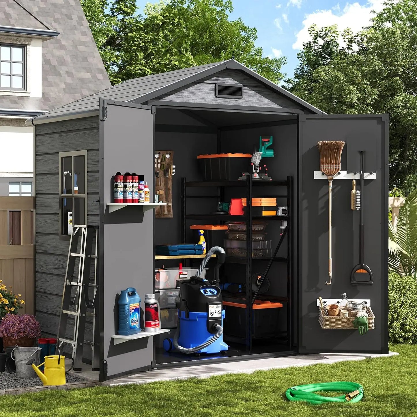 Outdoor Storage Shed with Floor, 6x4.5 FT Lockable Plastic Tool Shed with Ventilation, Waterproof Resin Garden Sheds, Custom