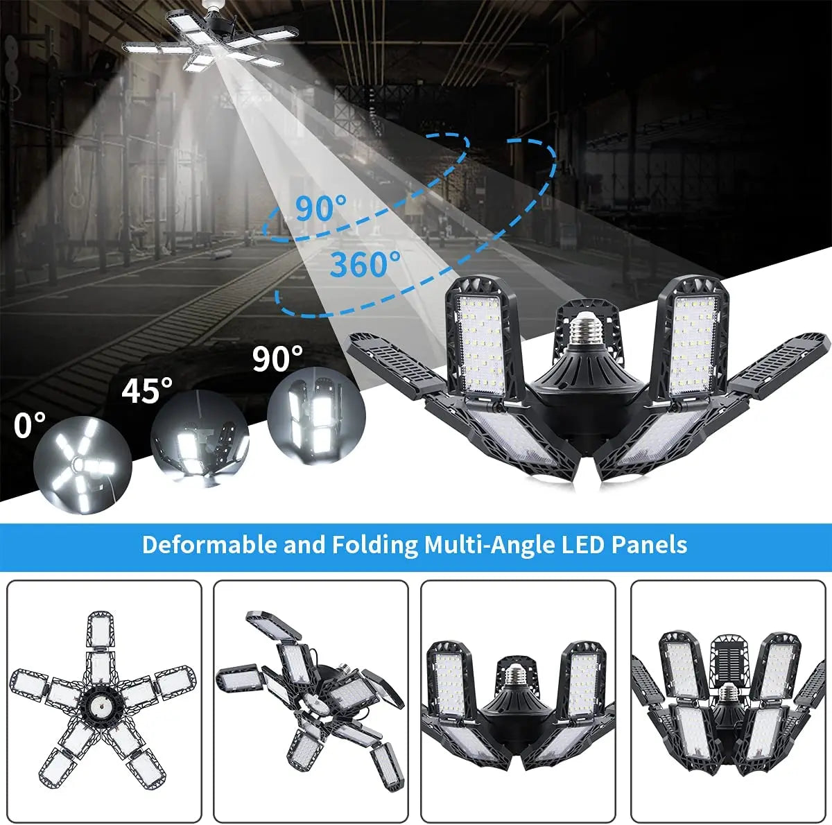 LED Garage Lights with 7/10+1 Adjustable Panels E26/E27 Ceiling Shop Work Lamp 150W 6500K Bulb for Workshop Industrial Lighting
