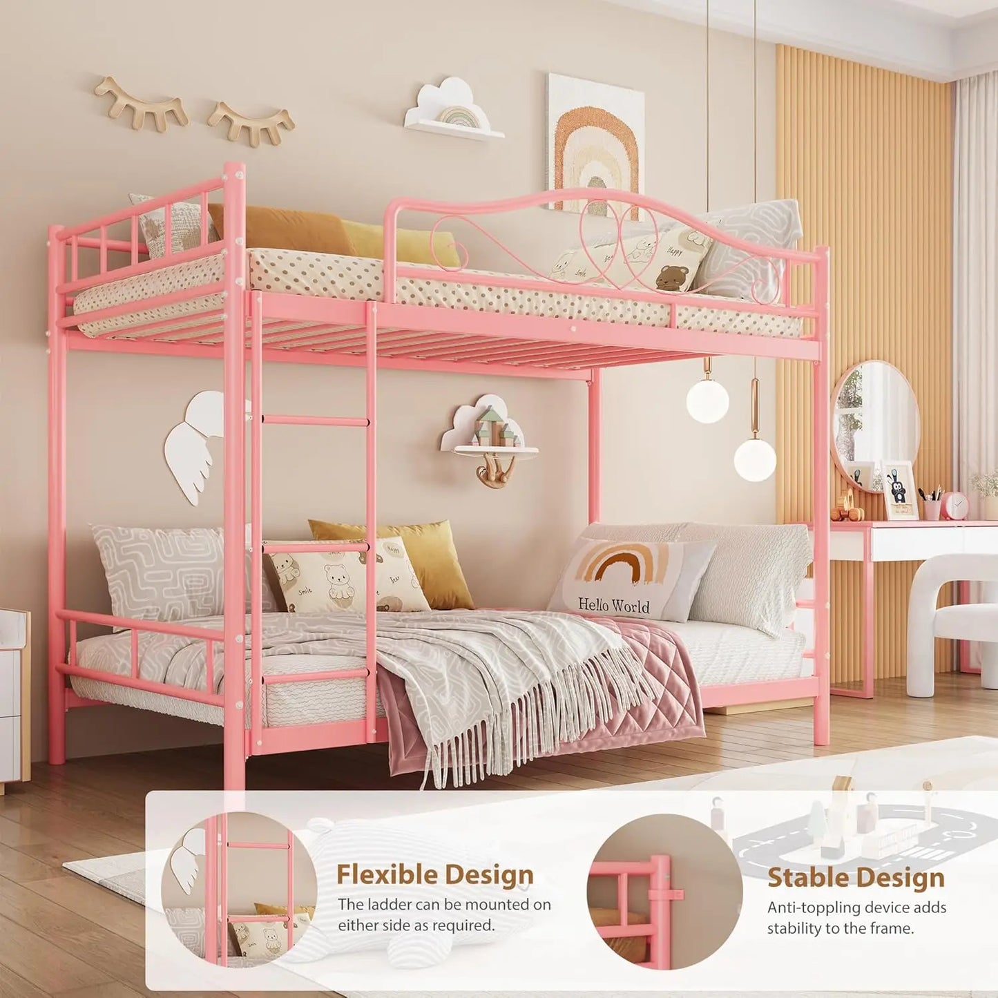 Bunk Bed Twin Over Twin with Ladder & Full Safety Guardrail, Heavy Duty Metal Twin Over Twin Bunk Bed 400 Lbs Load Capacity, Space-Saving, Noise Free, No Box Spring Needed, Easy Assembly, P