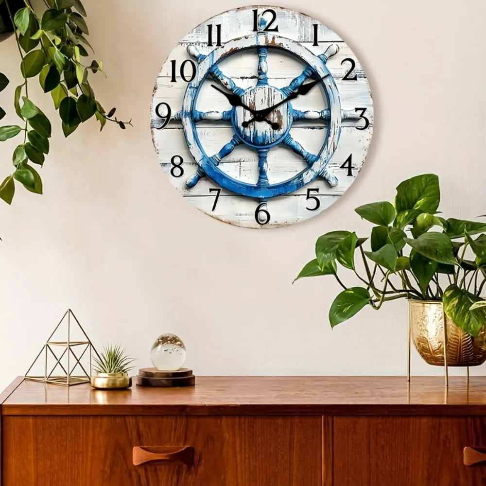 1pc 2D Flat Wall Clock Non-Ticking Wooden, Circular Clock Nautical Wooden Ship Wheel Design for Kitchen, Study Room, Hallway, Li