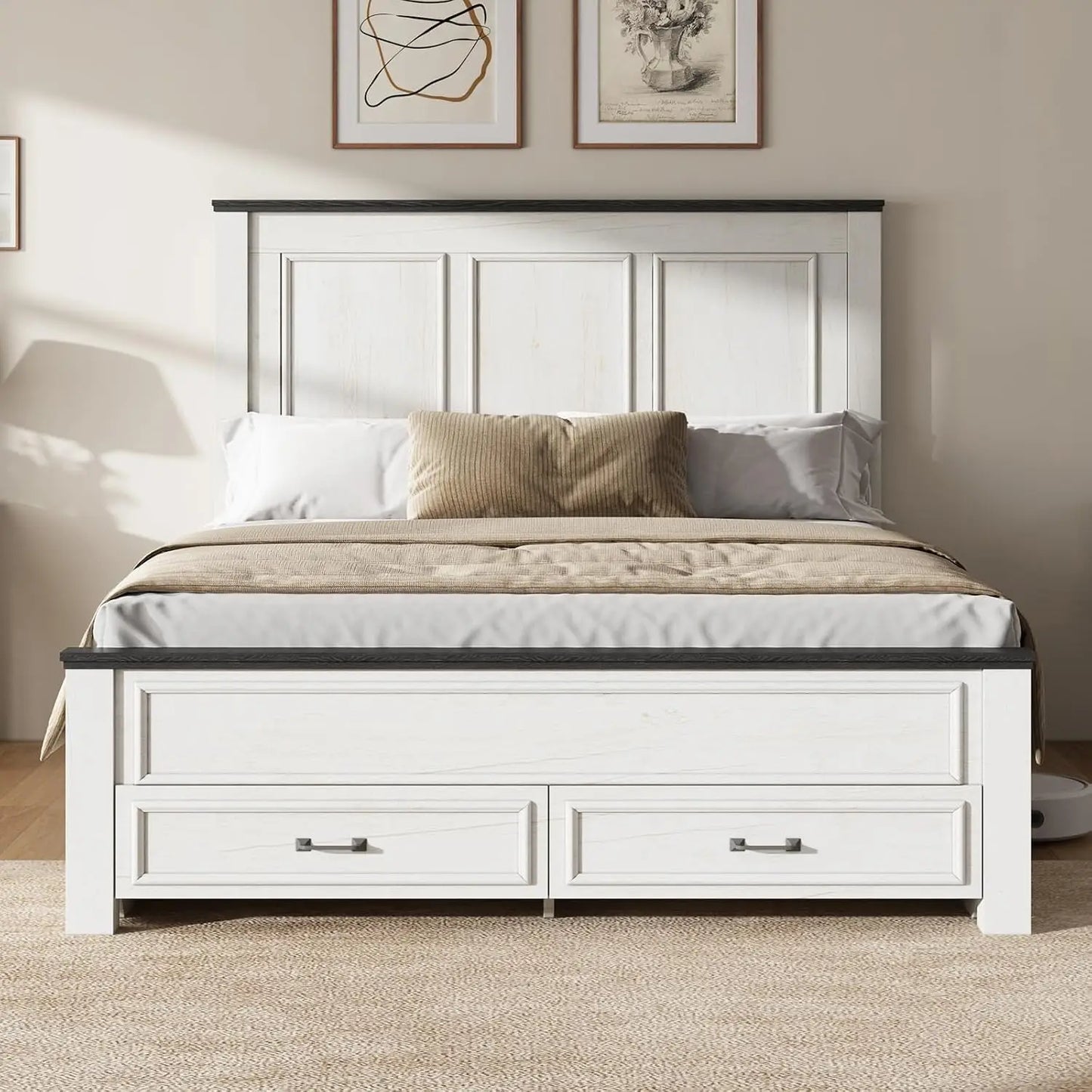 52.2" Queen Size Farmhouse Bed Frame with Headboard, Rustic Brown | Tall Panel Headboard & Footboard, Wood Platform Bed, Custom