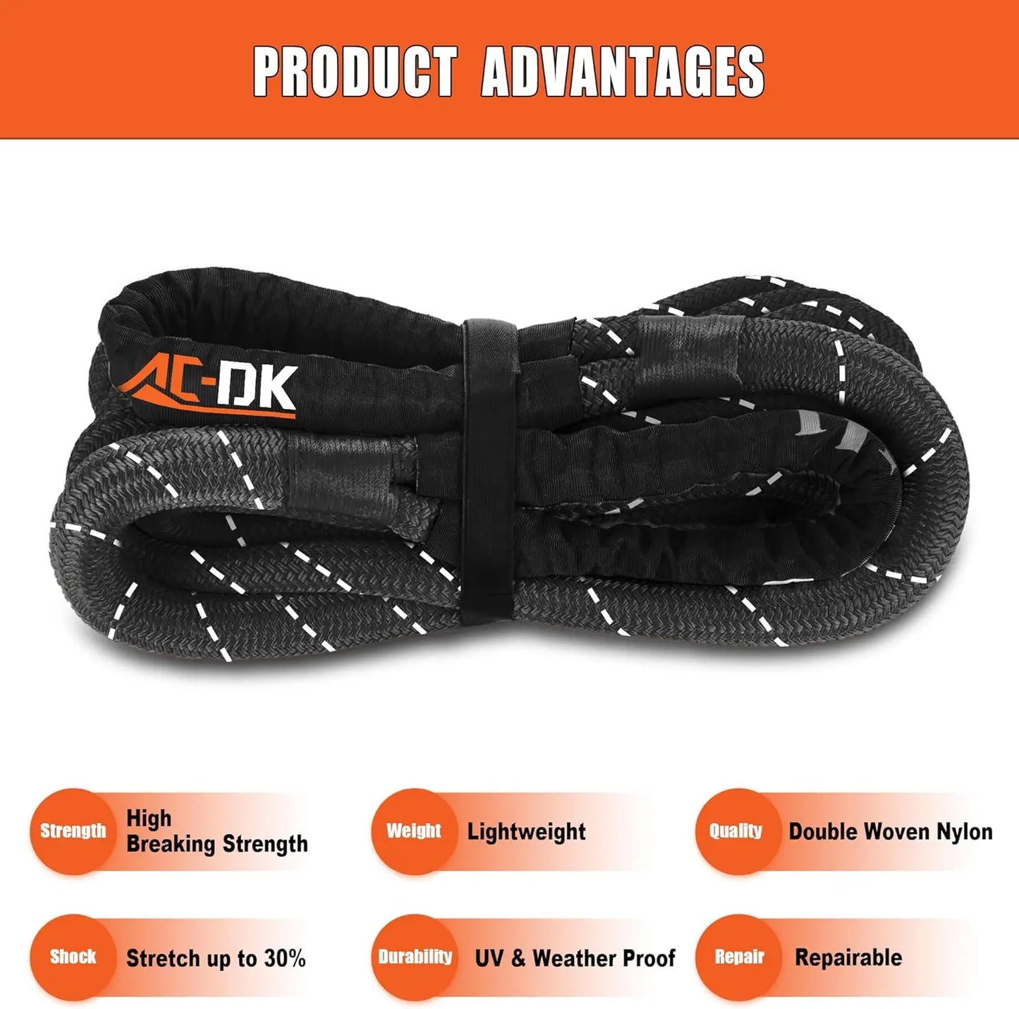 Kinetic Recovery Rope 1in x 30ft 48,500lbs Snatch Strap, Heavy Duty Nylon Towing Ropes with Soft Shackles for Offroad Vehicle