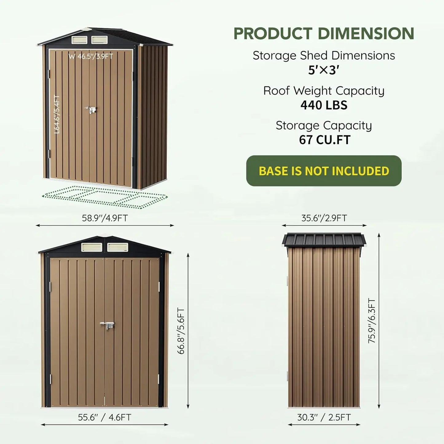 5x3 FT Outdoor Metal Storage Shed, Double Door, 1 Clear Window, Tool Shed for Garden, Patio, Backyard Brown, Customized