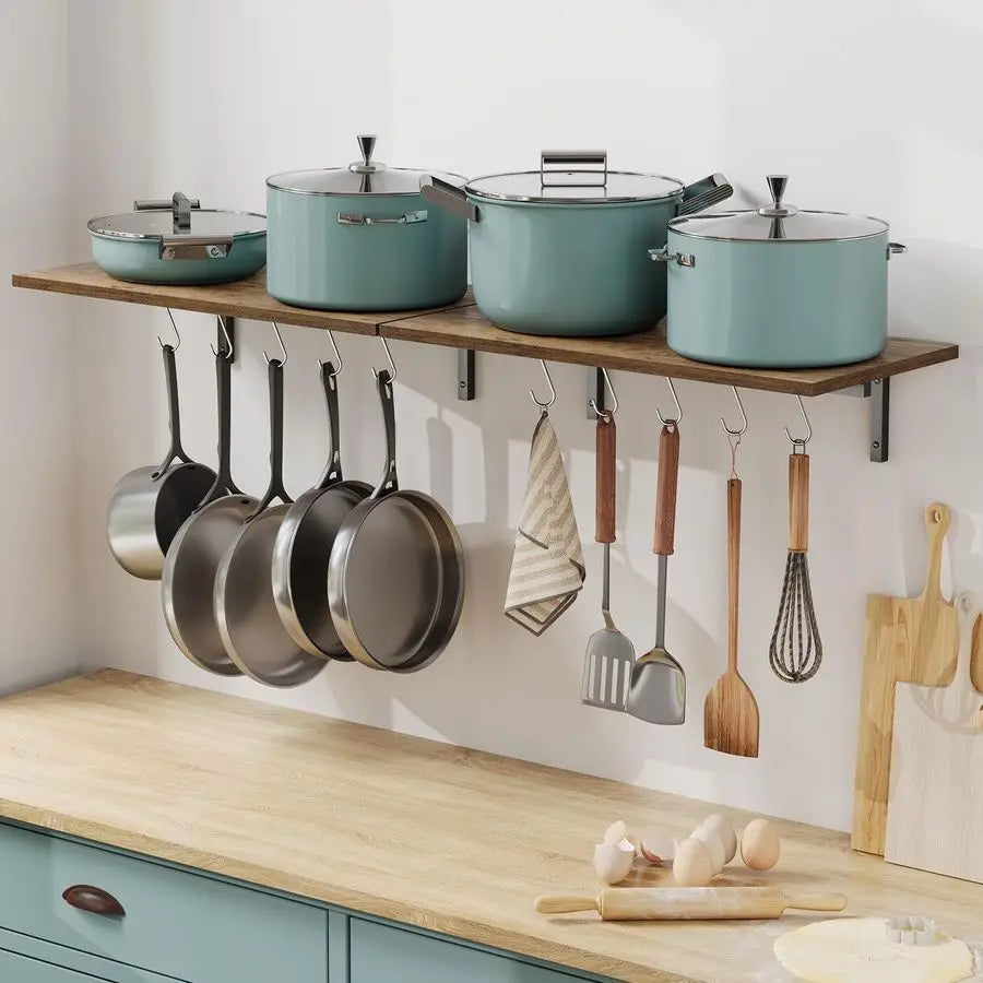 2 Pack Wooden 23.6 Pot Pan Hanging Rack Wall Mounted with 10 S Hooks, Set of 2 Large Pot Wall Holder Kitchen Shelves for Utensil