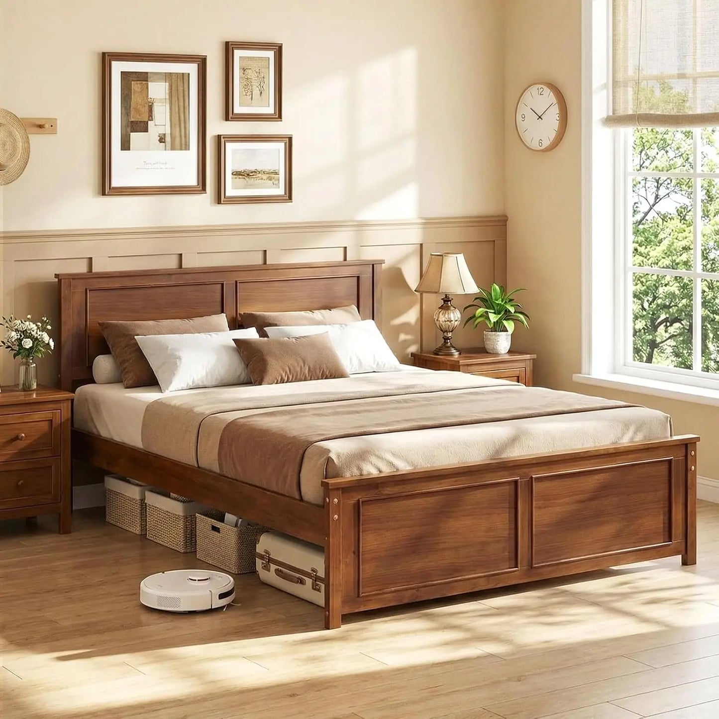 Wood Full Size Bed Frame with Headboard, Farmhouse Solid Platform Bed w/Wooden Slat Support Mattress Foundation,, Custom