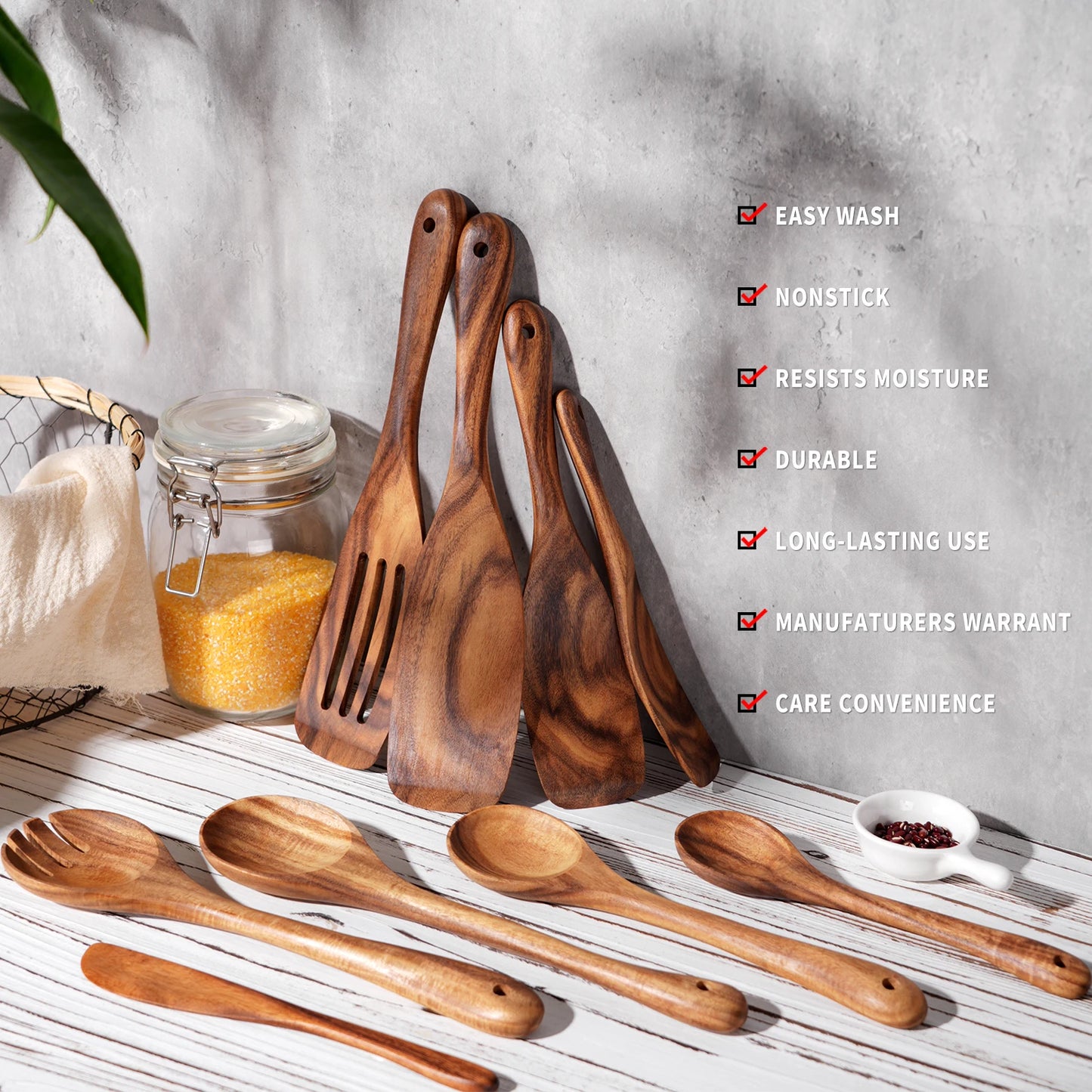 9 Pcs Kitchen Utensils Set, Handmade Wooden Spoons for Cooking