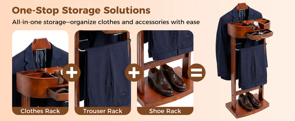 Wood Suit Rack, Freestanding Clothing Valet Stand Clothes Valet Suit Racks Mens Compact Wooden Clothing Valets Stand Rack Organi