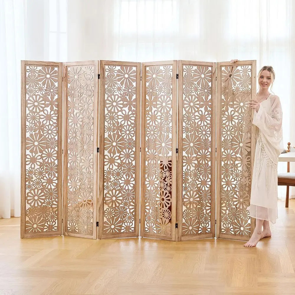Folding Wood Room Divider Panel, 67 Inch Tall Daisy-Carved Privacy Screen - No-Assembly Required, Decorative Flower Carved Room