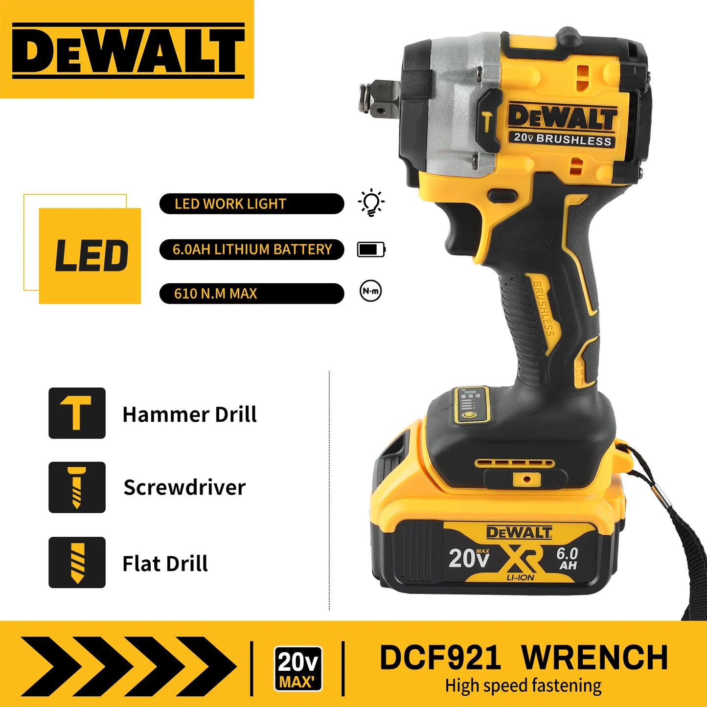 DEWALT DCF921 ATOMIC 20V MAX 1/2 - inch Cordless Impact Wrench: Variable Speed, Built - in Charging, Comes with Battery