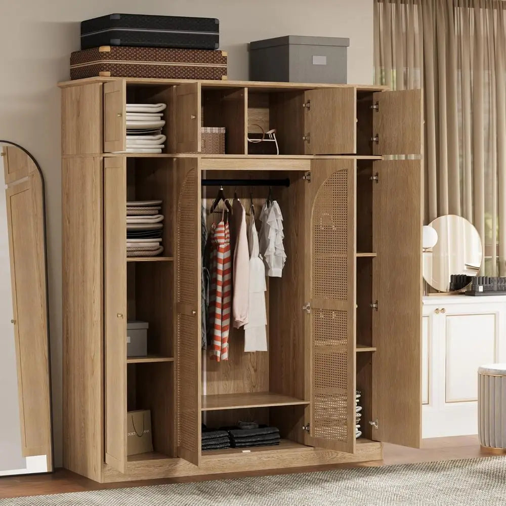 70.87 Tall Rattan Wooden Wardrobe with Hanging Rod and Adjustable Shelves, Natural