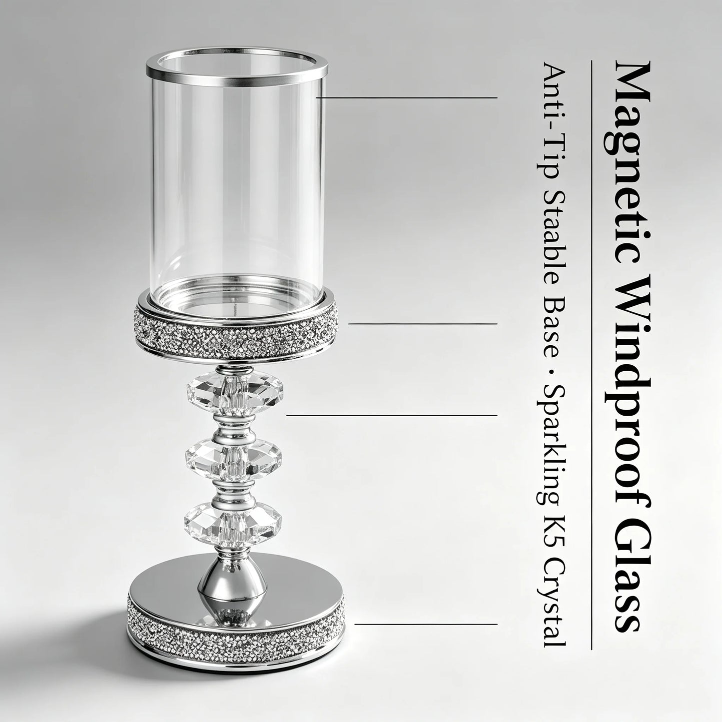 Crystal Candle Holder with Windproof Glass Cover, Hexagon Crystal Ball Candlestick with Anti-Tip Magnet Base, Tabletop Centerpiece Decor for Home Wedding Party, Silver/Clear