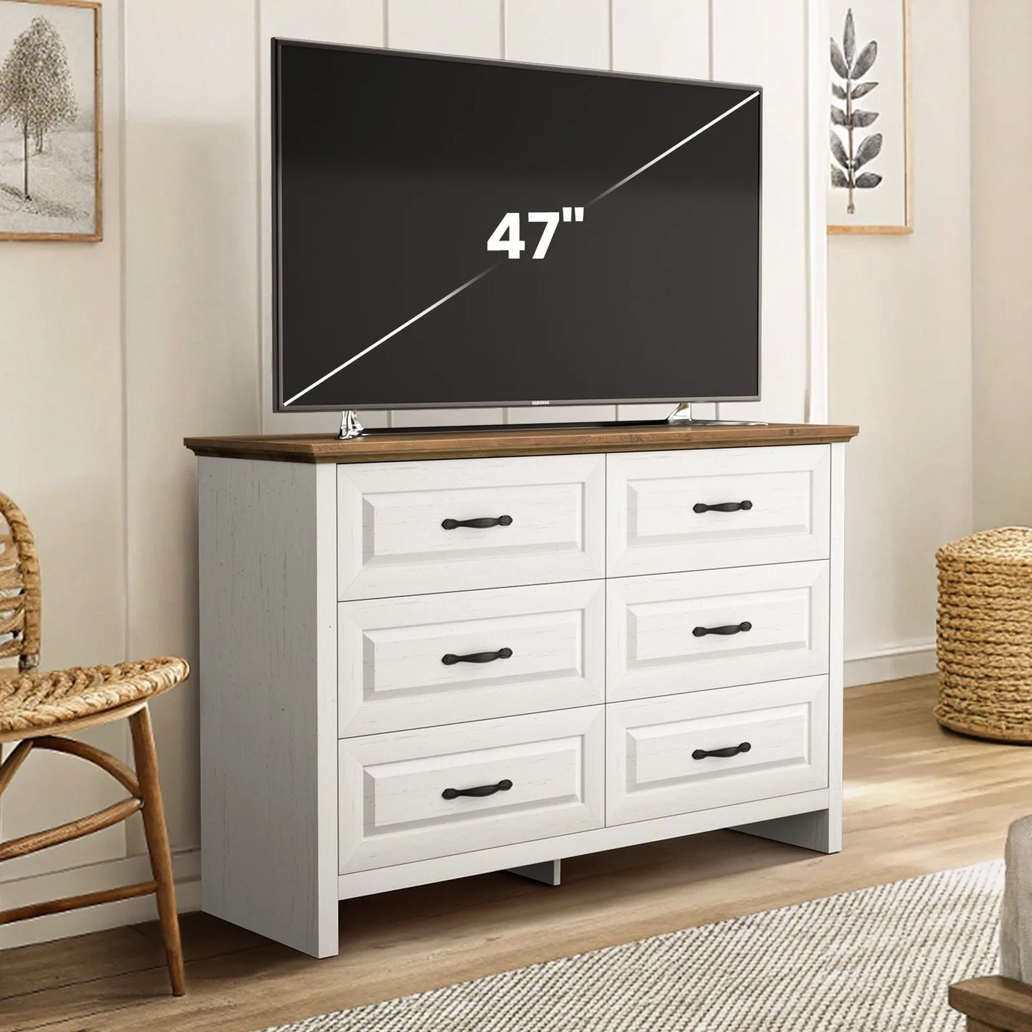 Farmhouse 6 Drawer Dresser for Bedroom, 47.2 Inch Wide Wood Dresser with Natural Texture, Large Drawers, Rustic Farmhouse Chest of Drawers for Bedroom, Living Room, Hallway