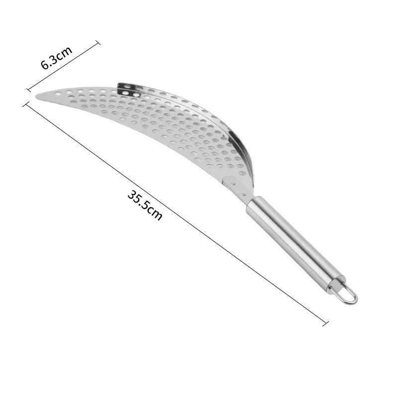Stainless Steel Pot Strainer Kitchen Colander with Handle Held Crescent Drainer Pan Crescent Pot Strainer Pasta Noodles Strainer