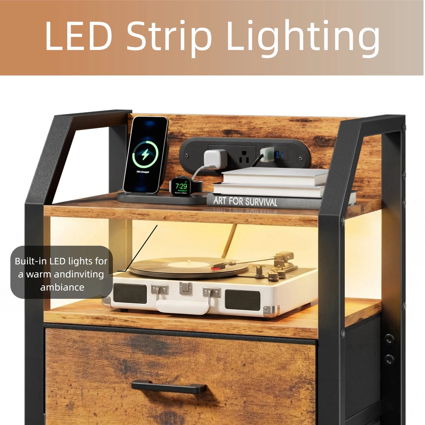 Frodrovia Nightstand With LED Light Charging Station And Drawers