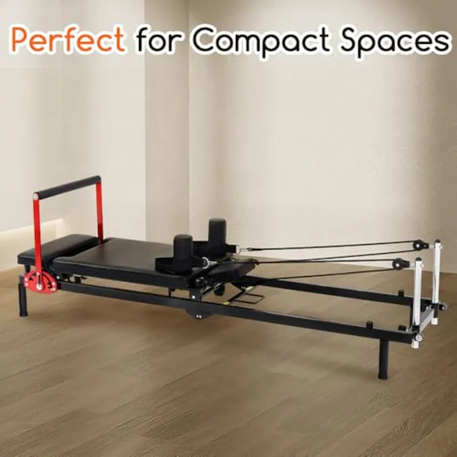 Home Gym Pilates Reformer Machine, Steel Frame, Black, Quick-Assembly Foldable Design with Up to 330lbs Capacity and Adjustable