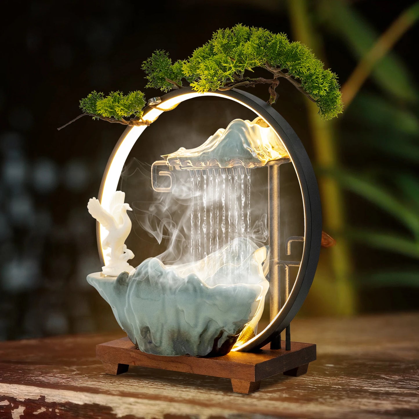 Black Manual Tabletop Water Fountain,Indoor Ceramic Waterfall with LED Light Mist Desk Fountain for Decorative Item