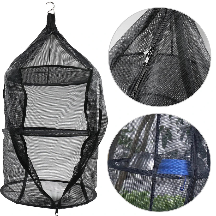 Camping Supplies Three-Layer Folding Storage Net With Zipper Dry Rack Herb Bag For Herbs Flowers Buds Plants Tableware Fruits