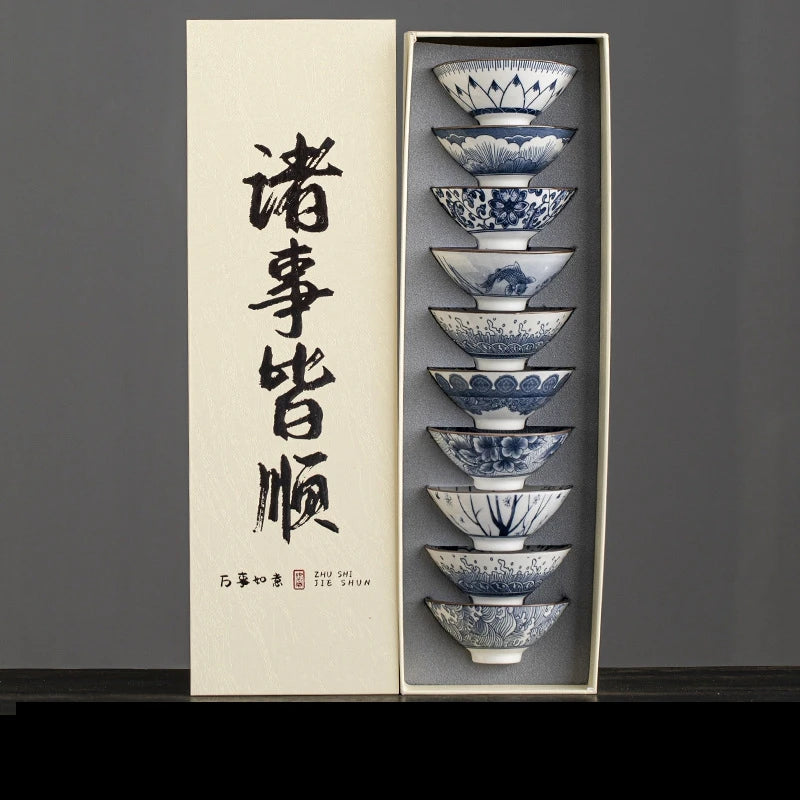 10pcs/box Blue and White Porcelain Tea Bowls Ceramic Kung Fu Small Teacups Single Master Cup with Gift Box Packaging Teaware Set