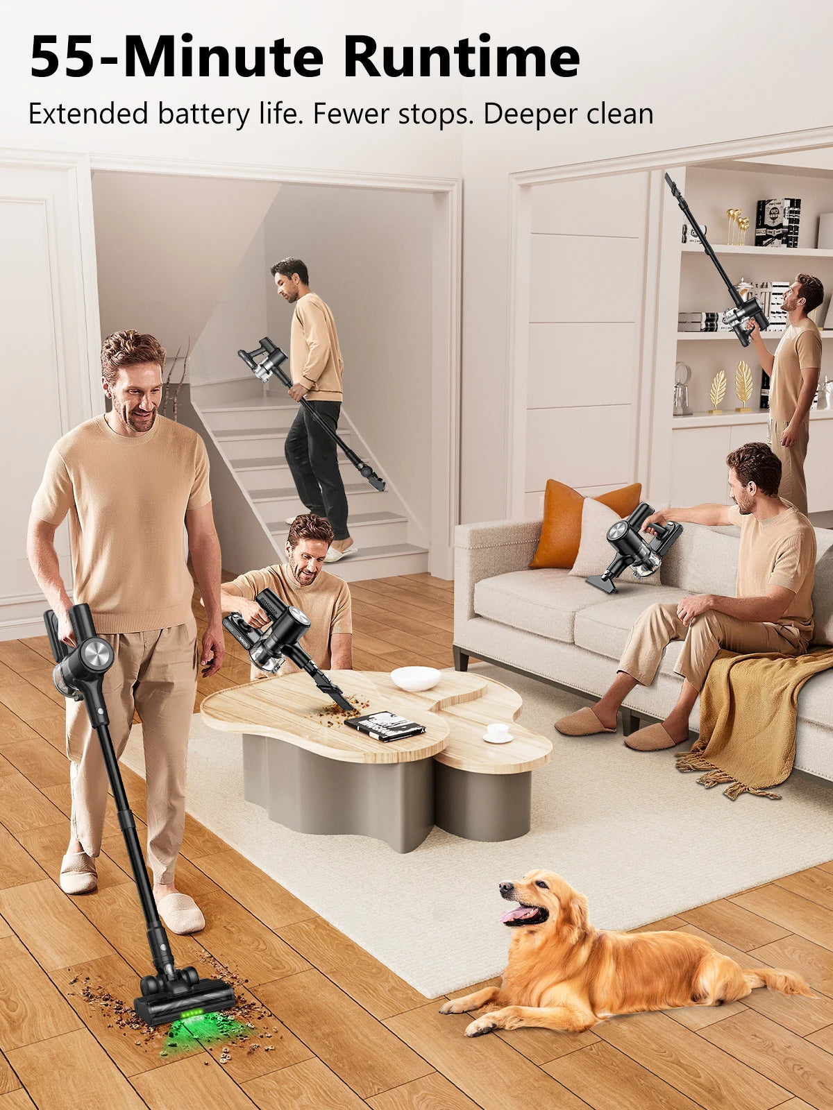 Cordless Vacuum Cleaner, 50Kpa/55min Self-Standing Powerful Stick Lightweight Vacuum Cleaner for Home Pet Hair/Hard Floor/Carpet