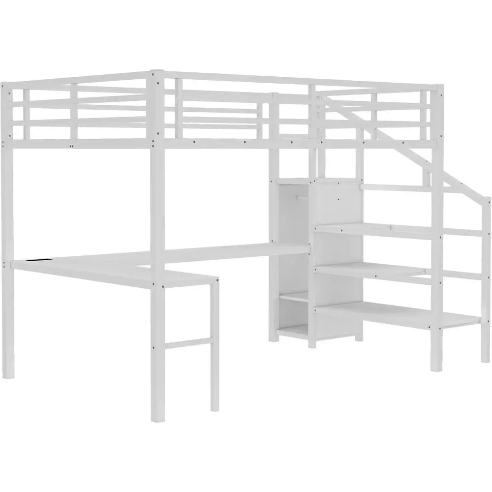 Queen Size Metal Bed with L-Shaped Desk, Wardrobe, Adjustable Shelves, Stairs, LED Light - Suitable for Kids, Teens, Adults in W
