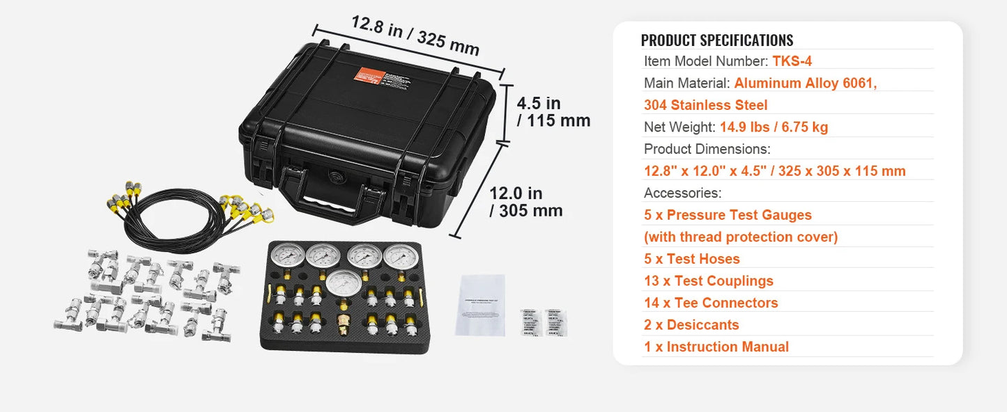 SucceBuy Hydraulic Pressure Test Kits Excavator Hydraulic Test Gauge Sets with Carrying Case for Excavator Tractors Machinery