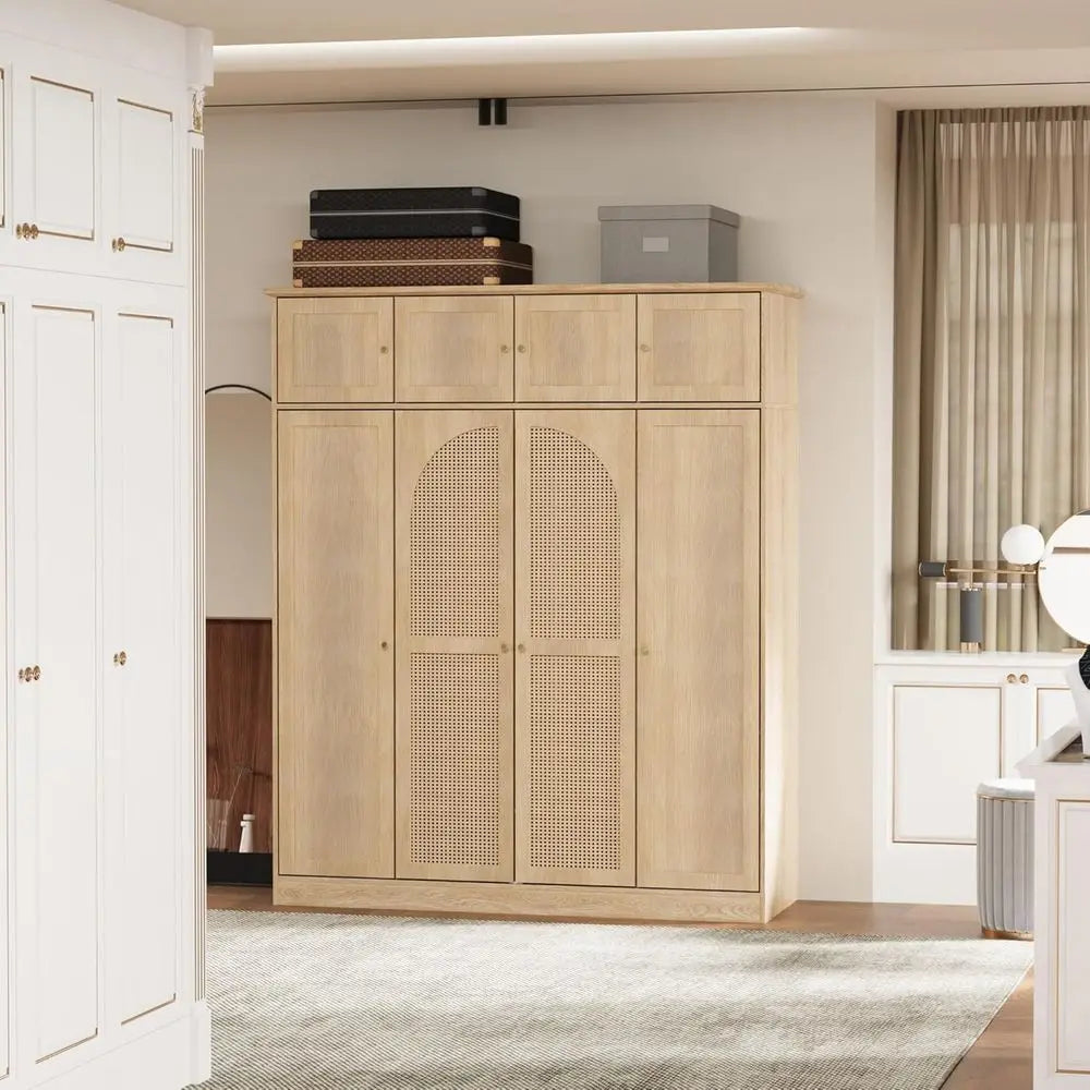 70.87 Tall Rattan Wooden Wardrobe with Hanging Rod and Adjustable Shelves, Natural